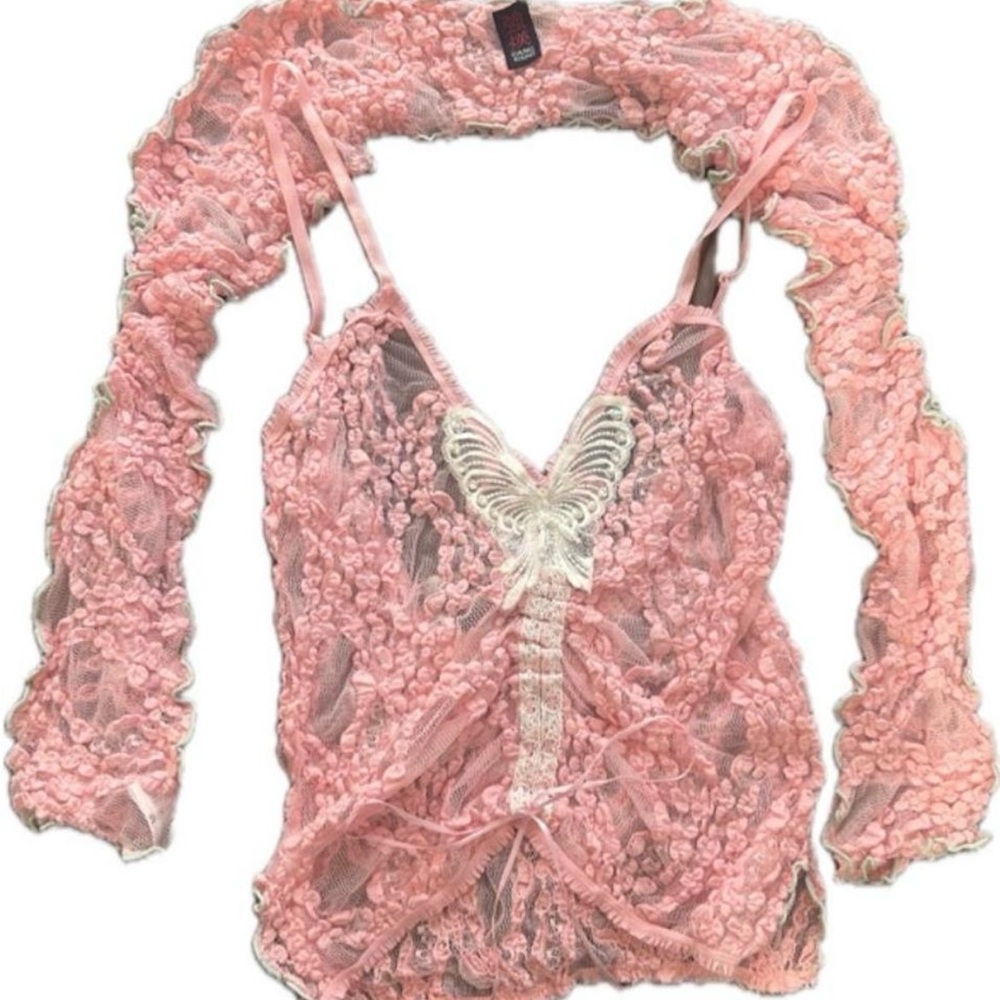 Pink and Silver Lace Camisole Top with Sheer Sleeves